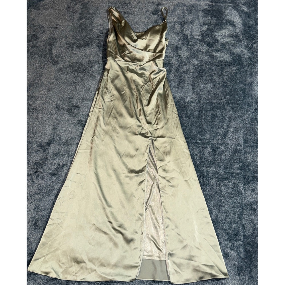 Revelry Womens Skye Satin Maxi Dress 4 Sage Green High Slit Formal Gown